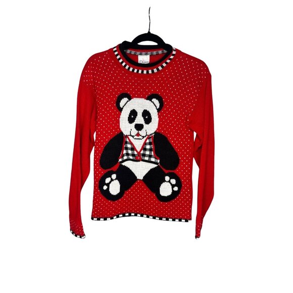 Vintage In Design Red Knit Sweater With Panda Graphic & Checkered Vest - Picture 2 of 10